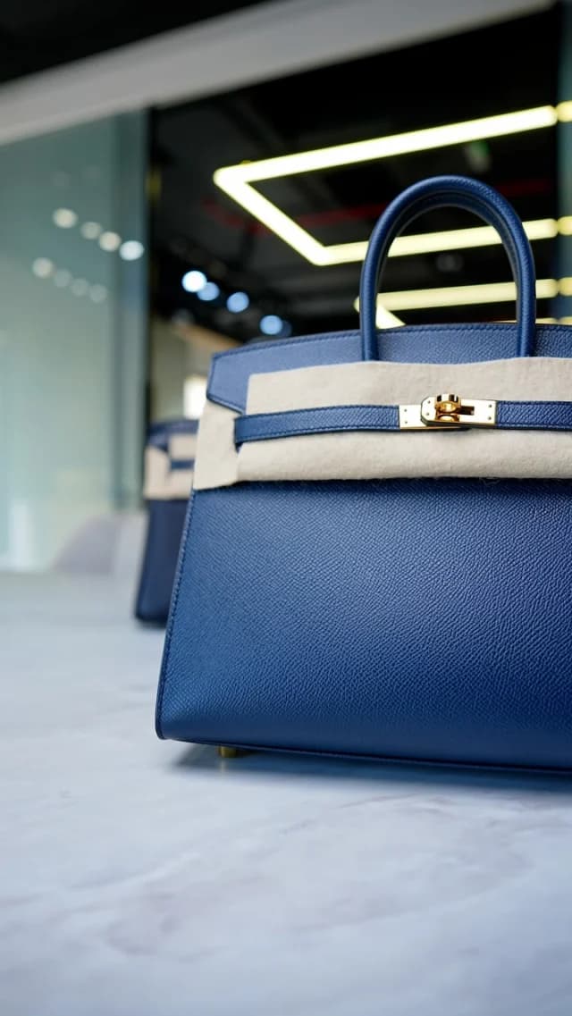 A blue handbag with gold-tone hardware displayed on a counter at Luxhaven.